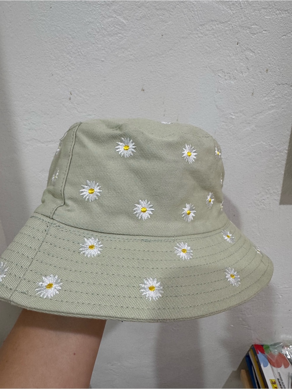Bucket Hat with White Daisy Embroidery in Light Sage - Picture 2 of 8